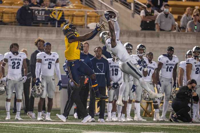 Nevada cornerback Isaiah Essissima (2) intercepts a pass intended for Cal wide receiver Jeremiah Hunter (10).